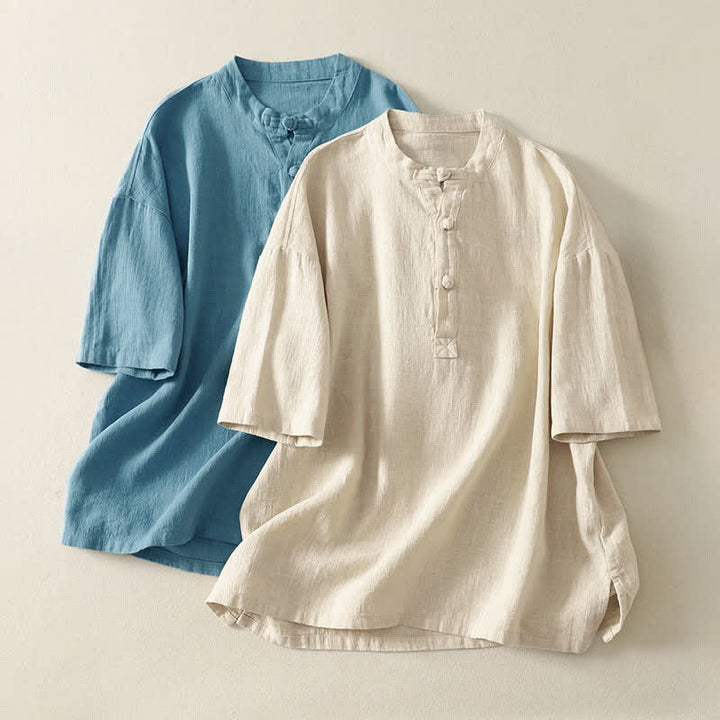 Buddha Stones Camisa de manga corta de algodón para mujer con cuello mao y botones, ideal para el verano. - image 15