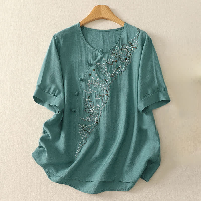 Buddha Stones Camiseta de manga corta para mujer con cuello redondo y bordado de Summer Mountain - Verde mar claro - US12, UK/AU16, EU44 (3XL) - image 0