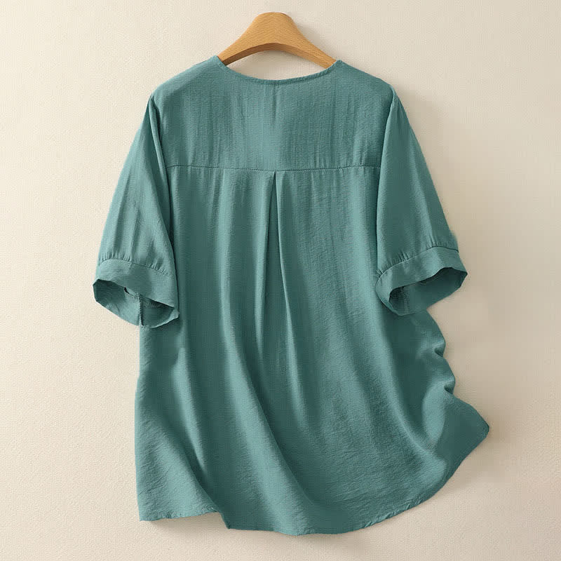 Buddha Stones Camiseta de manga corta para mujer con cuello redondo y bordado de Summer Mountain - image 1