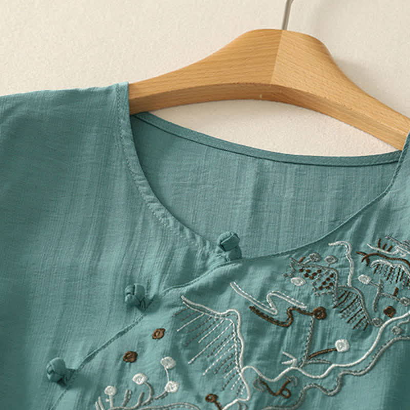 Buddha Stones Camiseta de manga corta para mujer con cuello redondo y bordado de Summer Mountain - image 2