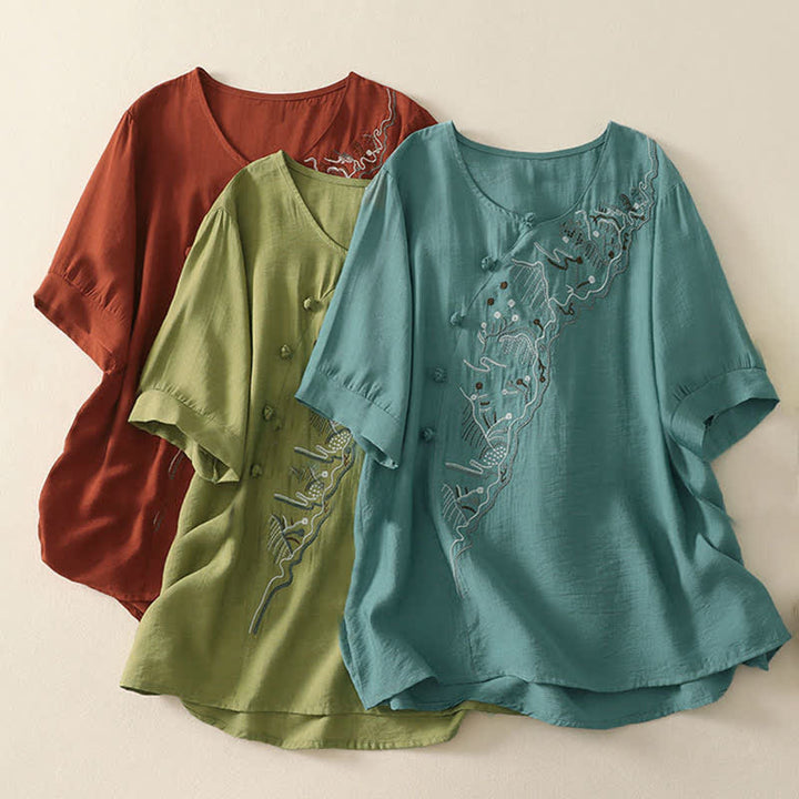 Buddha Stones Camiseta de manga corta para mujer con cuello redondo y bordado de Summer Mountain - image 20