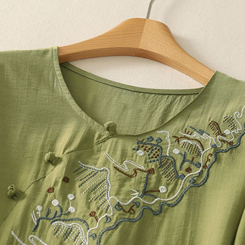 Buddha Stones Camiseta de manga corta para mujer con cuello redondo y bordado de Summer Mountain - image 11