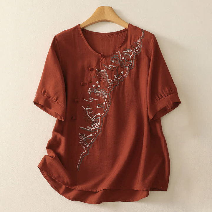 Buddha Stones Camiseta de manga corta para mujer con cuello redondo y bordado de Summer Mountain - Ladrillo refractario - US12, UK/AU16, EU44 (3XL) - image 15