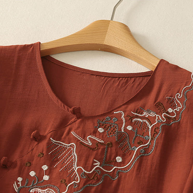 Buddha Stones Camiseta de manga corta para mujer con cuello redondo y bordado de Summer Mountain - image 16
