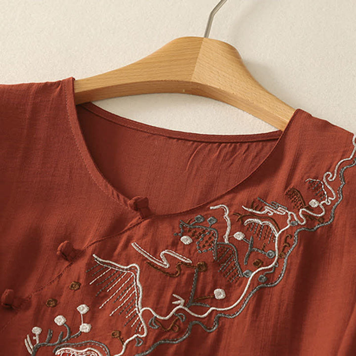 Buddha Stones Camiseta de manga corta para mujer con cuello redondo y bordado de Summer Mountain - image 16