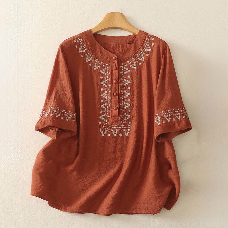 Buddha Stones Camisa de manga corta para mujer, de algodón, con medio botón y bordado de primavera. - Tomate - US8-10，UK/AU12-14，EU40-42 (2XL) - image 0