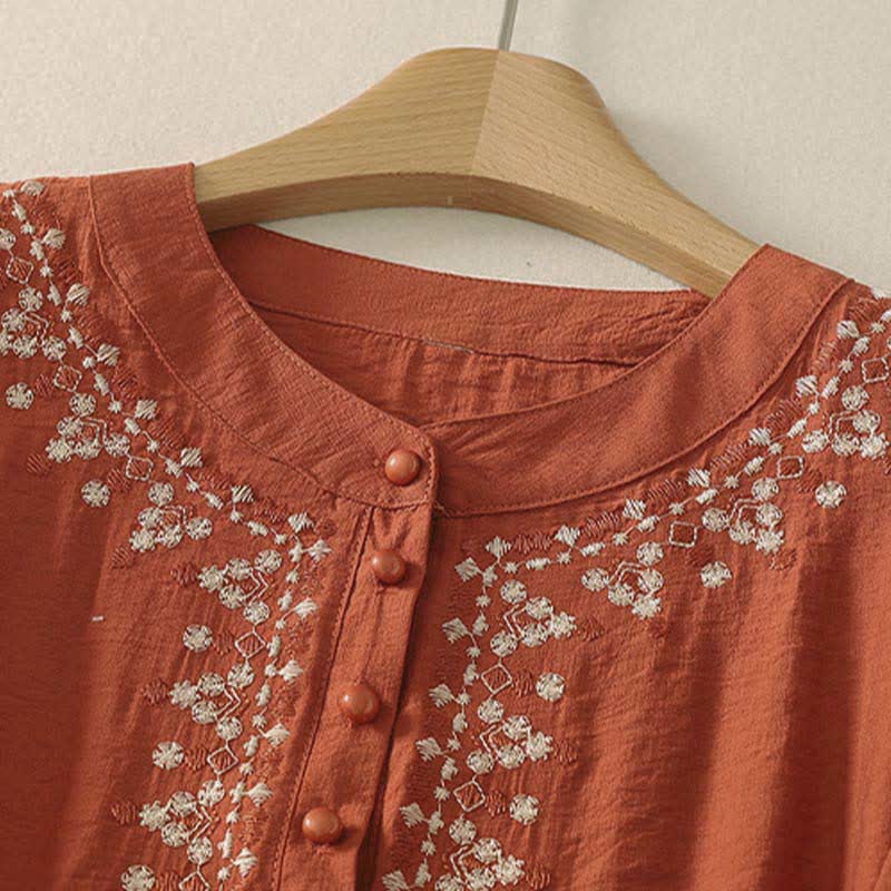 Buddha Stones Camisa de manga corta para mujer, de algodón, con medio botón y bordado de primavera. - image 1