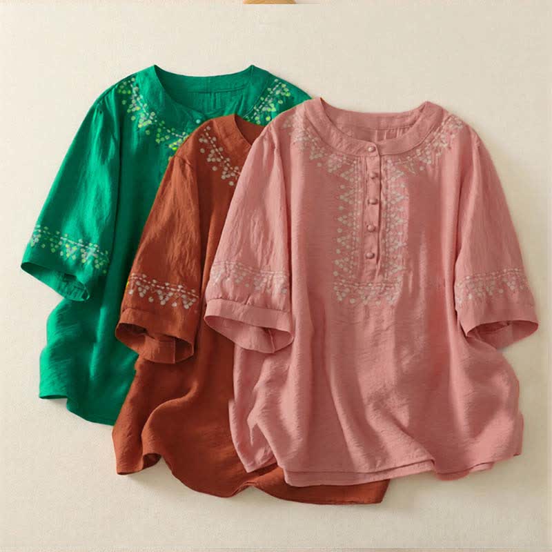 Buddha Stones Camisa de manga corta para mujer, de algodón, con medio botón y bordado de primavera. - image 20