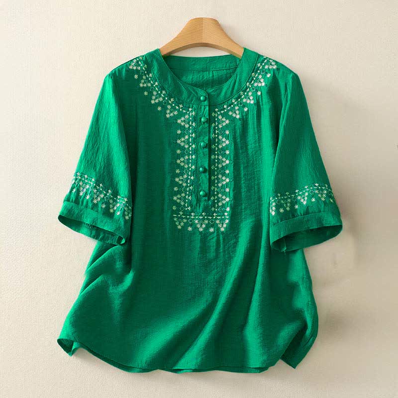 Buddha Stones Camisa de manga corta para mujer, de algodón, con medio botón y bordado de primavera. - Verde primavera medio - US8-10，UK/AU12-14，EU40-42 (2XL) - image 15