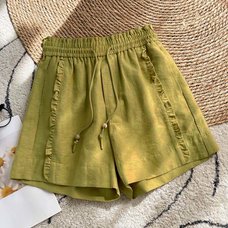 Buddha Stones Pantalones cortos de verano para mujer con cintura elástica, volantes y cordón ajustable, con bolsillos. - Verde oliva - US8-10，UK/AU12-14，EU40-42 (2XL) - image 0