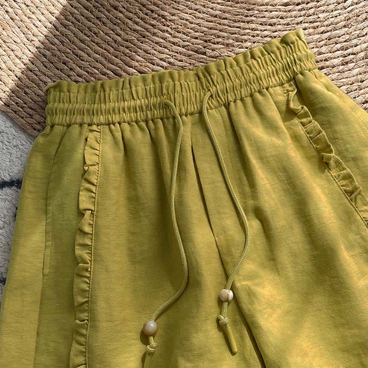 Buddha Stones Pantalones cortos de verano para mujer con cintura elástica, volantes y cordón ajustable, con bolsillos. - image 1