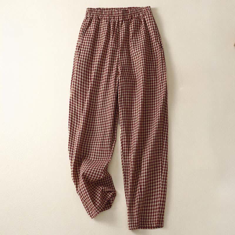 Buddha Stones Pantalones de mujer de corte cropped, ajustados, con cintura elástica y estampado a cuadros, ideales para el verano. - Ladrillo refractario - US8-10，UK/AU12-14，EU40-42 (2XL) - image 0