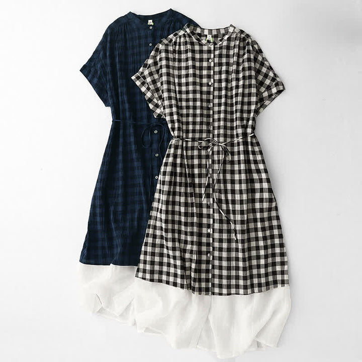 Buddha Stones Vestido de manga corta hasta la rodilla con estampado de cuadros vichy y cinturón, dobladillo de gasa, ideal para primavera. - image 17