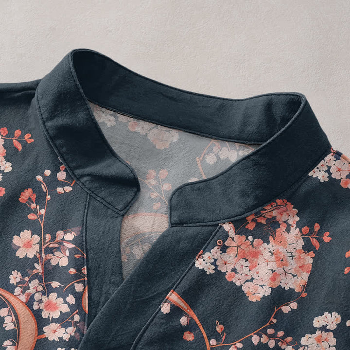 Buddha Stones Camisa Henley de algodón rosa con estampado floral, manga corta y medio botón para hombre. - image 2