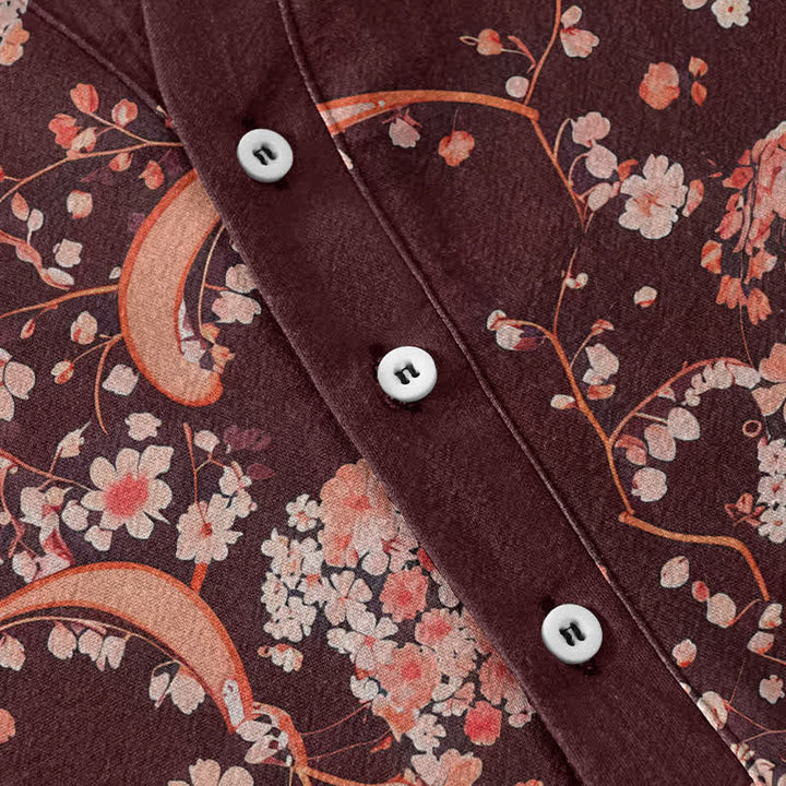 Buddha Stones Camisa Henley de algodón rosa con estampado floral, manga corta y medio botón para hombre. - image 8