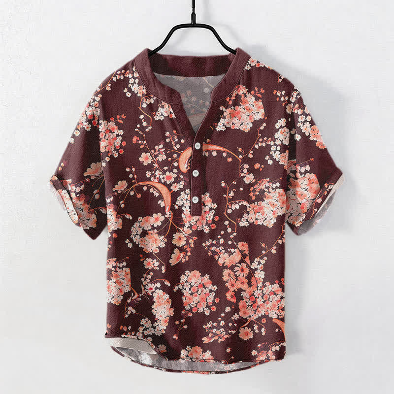 Buddha Stones Camisa Henley de algodón rosa con estampado floral, manga corta y medio botón para hombre. - Rojo oscuro - US/UK/AU50, EU60 (5XL) - image 5