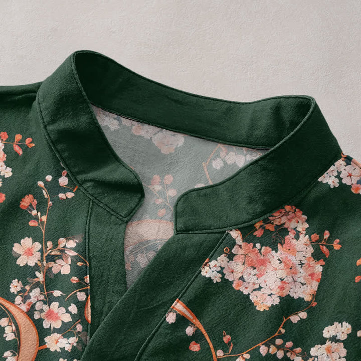 Buddha Stones Camisa Henley de algodón rosa con estampado floral, manga corta y medio botón para hombre. - image 12