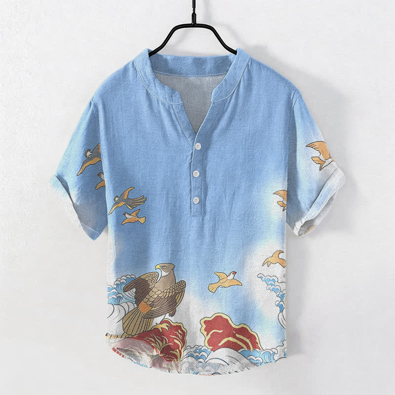 Buddha Stones Camisa de manga corta con medio botón para hombre, de algodón, con estampado de pájaros marinos, olas y rocas. - Azul cielo claro - US/UK/AU50, EU60 (5XL) - image 0
