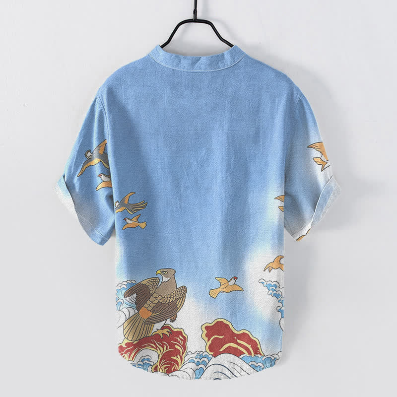 Buddha Stones Camisa de manga corta con medio botón para hombre, de algodón, con estampado de pájaros marinos, olas y rocas. - image 1