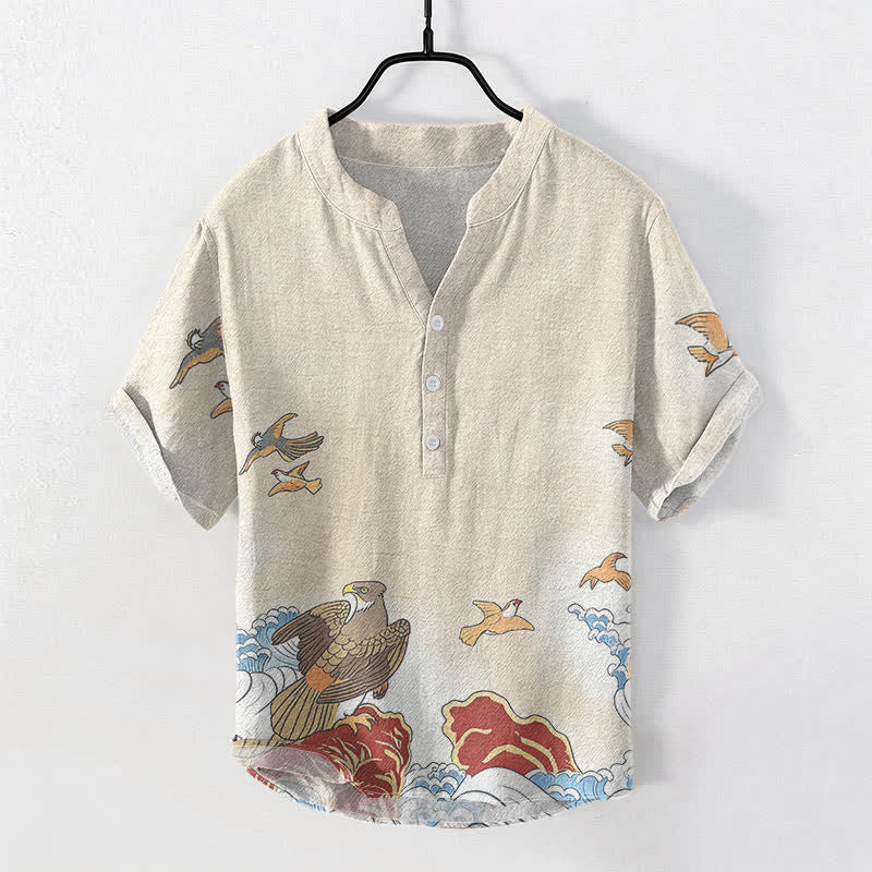Buddha Stones Camisa de manga corta con medio botón para hombre, de algodón, con estampado de pájaros marinos, olas y rocas. - Blanco antiguo - US/UK/AU50, EU60 (5XL) - image 3