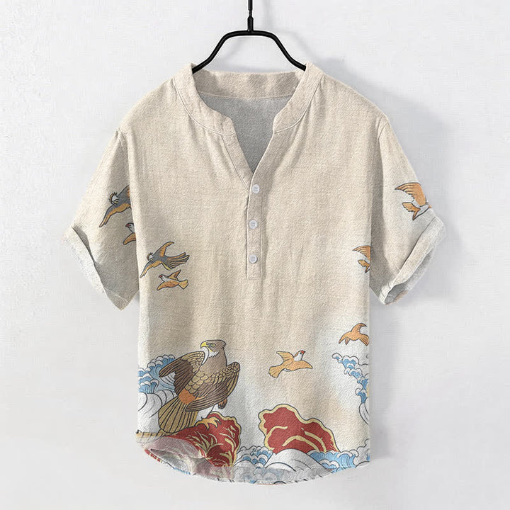 Buddha Stones Camisa de manga corta con medio botón para hombre, de algodón, con estampado de pájaros marinos, olas y rocas. - Blanco antiguo - US/UK/AU50, EU60 (5XL) - image 3