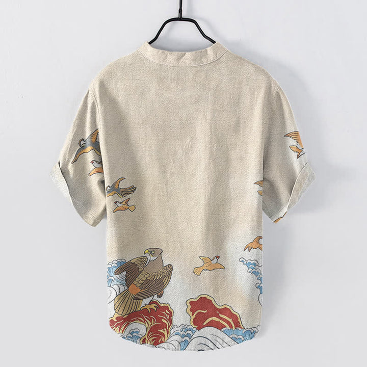 Buddha Stones Camisa de manga corta con medio botón para hombre, de algodón, con estampado de pájaros marinos, olas y rocas. - image 4