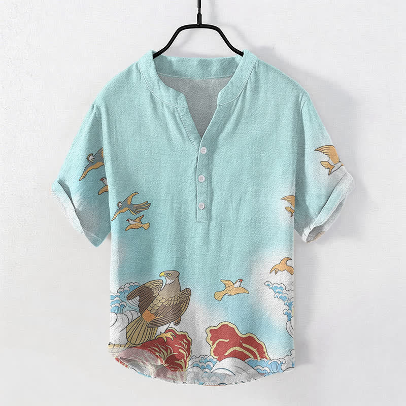Buddha Stones Camisa de manga corta con medio botón para hombre, de algodón, con estampado de pájaros marinos, olas y rocas. - Turquesa - US/UK/AU50, EU60 (5XL) - image 5
