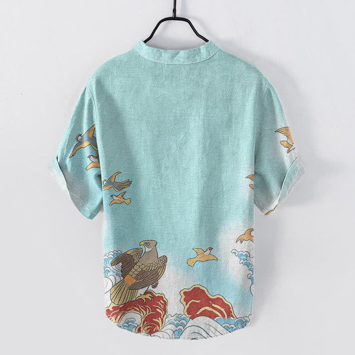 Buddha Stones Camisa de manga corta con medio botón para hombre, de algodón, con estampado de pájaros marinos, olas y rocas. - image 6