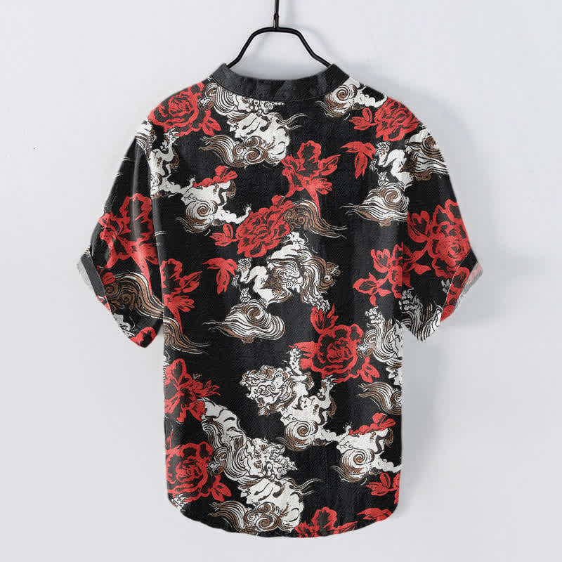 Buddha Stones Camisa Henley de manga corta con medio botón y estampado floral rojo de algodón para hombre. - image 1