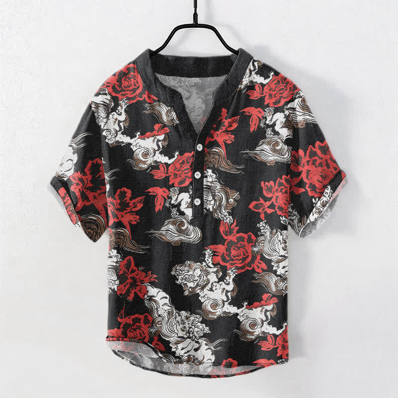 Buddha Stones Camisa Henley de manga corta con medio botón y estampado floral rojo de algodón para hombre. - Negro - US/UK/AU50, EU60 (5XL) - image 0