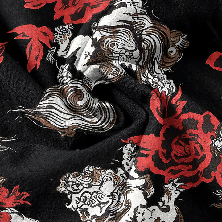 Buddha Stones Camisa Henley de manga corta con medio botón y estampado floral rojo de algodón para hombre. - image 4