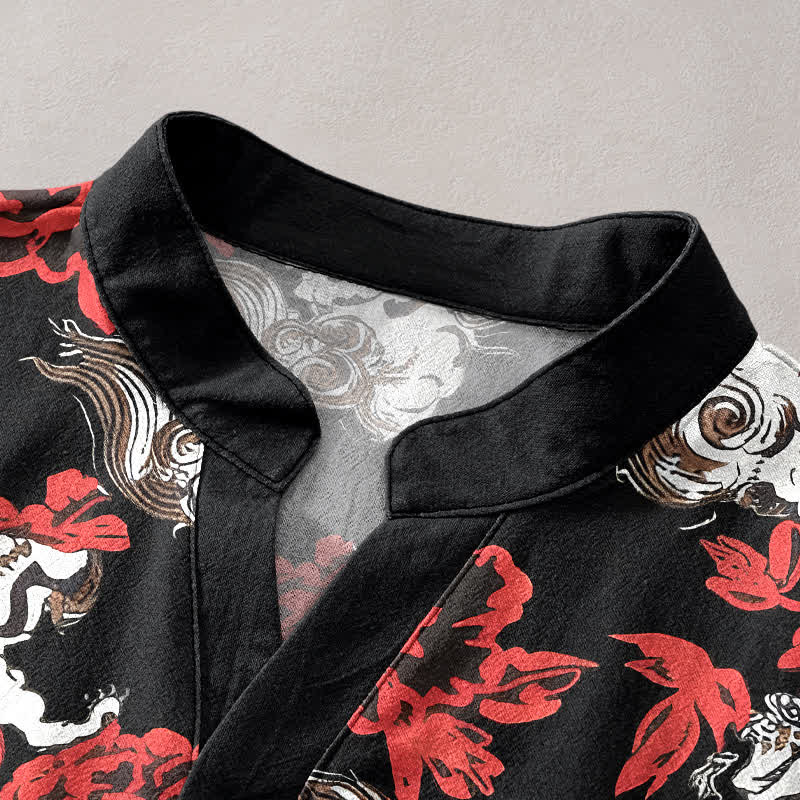 Buddha Stones Camisa Henley de manga corta con medio botón y estampado floral rojo de algodón para hombre. - image 2