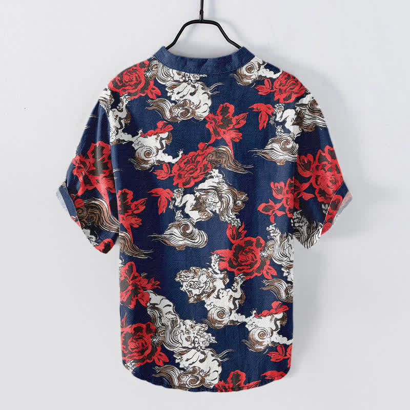 Buddha Stones Camisa Henley de manga corta con medio botón y estampado floral rojo de algodón para hombre. - image 6