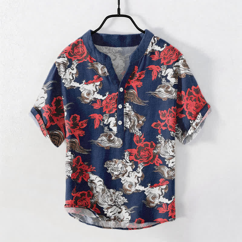 Buddha Stones Camisa Henley de manga corta con medio botón y estampado floral rojo de algodón para hombre. - Azul oscuro - US/UK/AU50, EU60 (5XL) - image 5
