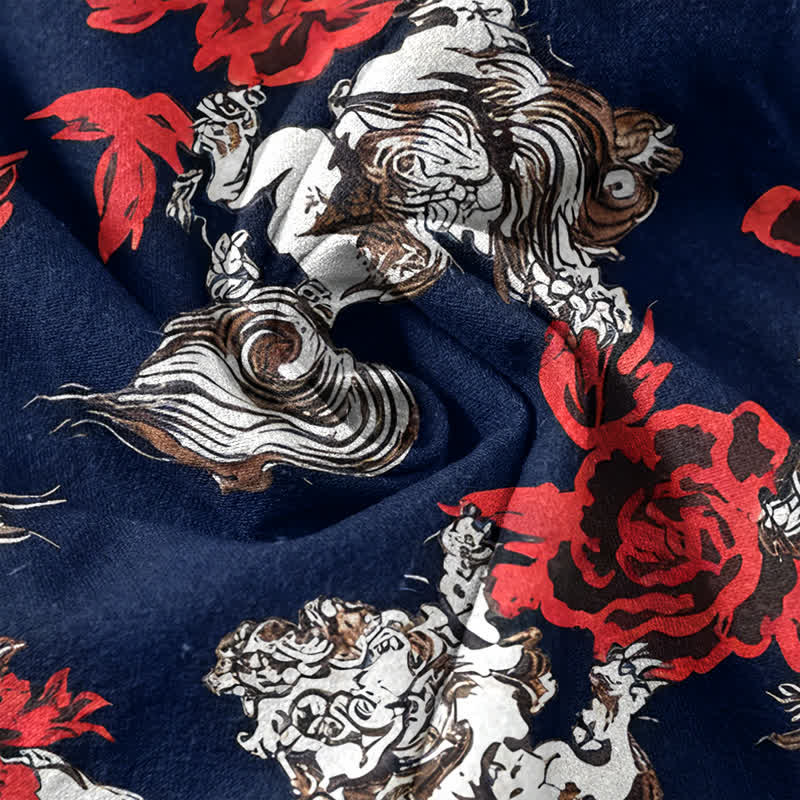 Buddha Stones Camisa Henley de manga corta con medio botón y estampado floral rojo de algodón para hombre. - image 9