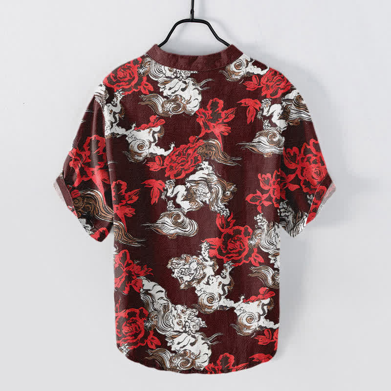 Buddha Stones Camisa Henley de manga corta con medio botón y estampado floral rojo de algodón para hombre. - image 11