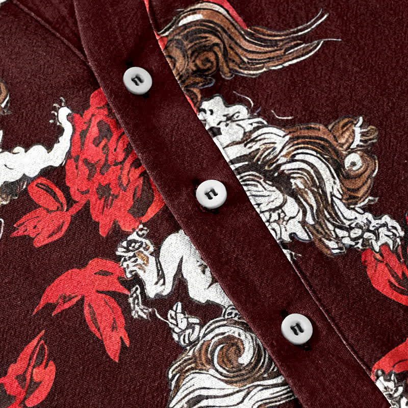 Buddha Stones Camisa Henley de manga corta con medio botón y estampado floral rojo de algodón para hombre. - image 13