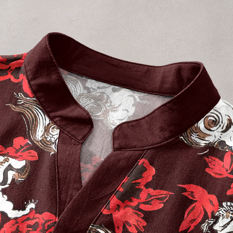 Buddha Stones Camisa Henley de manga corta con medio botón y estampado floral rojo de algodón para hombre. - image 12
