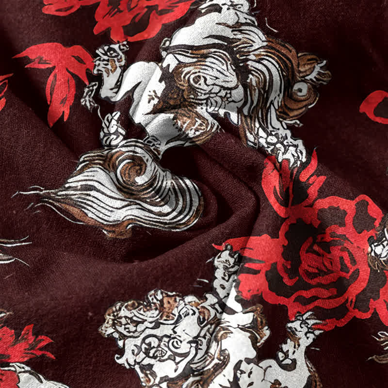 Buddha Stones Camisa Henley de manga corta con medio botón y estampado floral rojo de algodón para hombre. - image 14