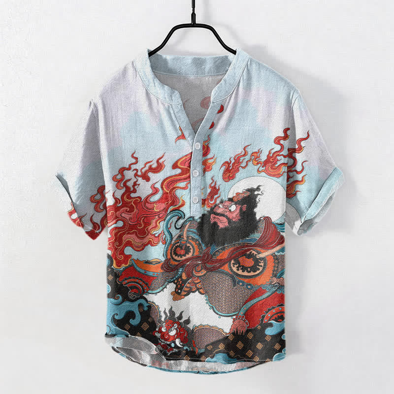Buddha Stones Camisa de manga corta con medio botón y estampado Mythic Flame para hombre, de algodón. - Azul claro - US/UK/AU50, EU60 (5XL) - image 0