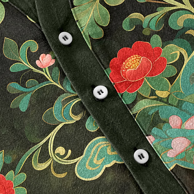 Buddha Stones Camisa de manga corta con medio botón y estampado floral tropical de algodón para hombre - image 3