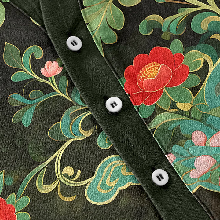 Buddha Stones Camisa de manga corta con medio botón y estampado floral tropical de algodón para hombre - image 3