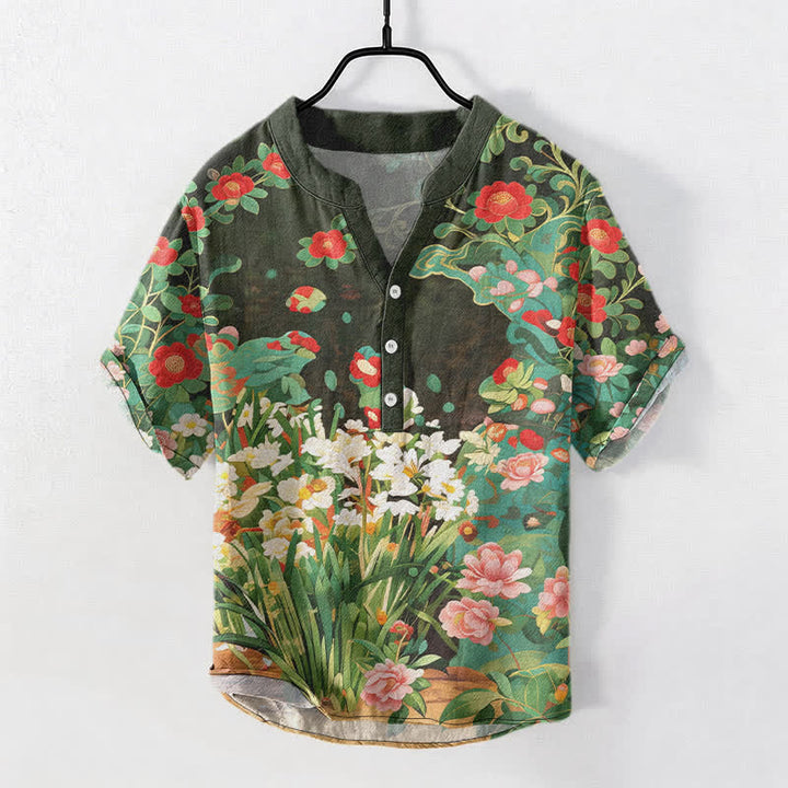 Buddha Stones Camisa de manga corta con medio botón y estampado floral tropical de algodón para hombre - Verde oliva oscuro - US/UK/AU50, EU60 (5XL) - image 0