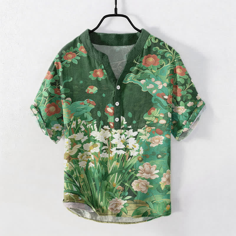 Buddha Stones Camisa de manga corta con medio botón y estampado floral tropical de algodón para hombre - Verdemar - US/UK/AU50, EU60 (5XL) - image 5