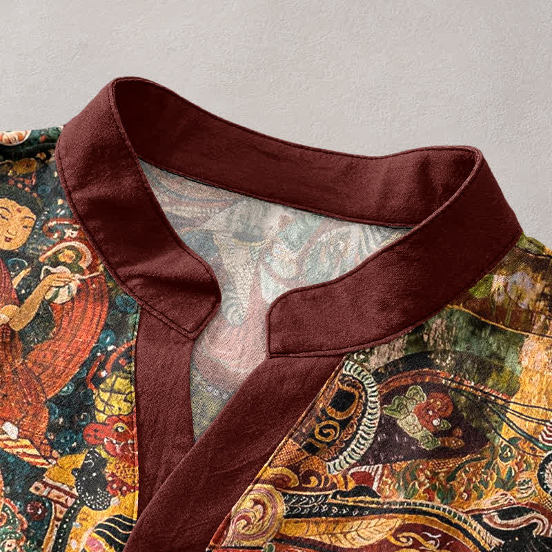 Buddha Stones Camisa de manga corta con medio botón y estampado de retrato para hombre, de algodón. - image 2
