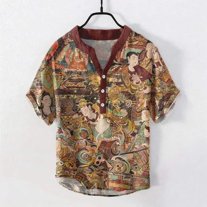 Buddha Stones Camisa de manga corta con medio botón y estampado de retrato para hombre, de algodón. - Rojo oscuro - US/UK/AU50, EU60 (5XL) - image 0