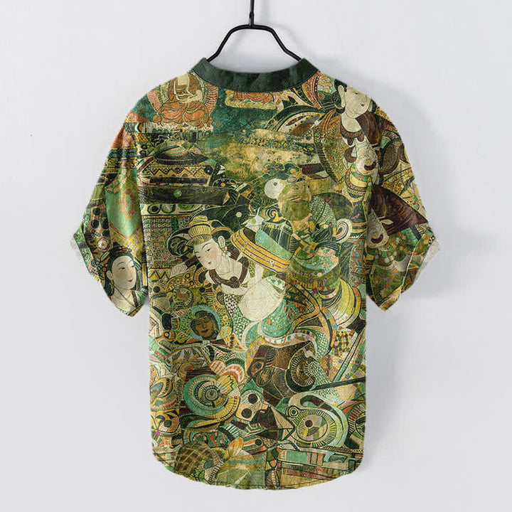 Buddha Stones Camisa de manga corta con medio botón y estampado de retrato para hombre, de algodón. - image 8