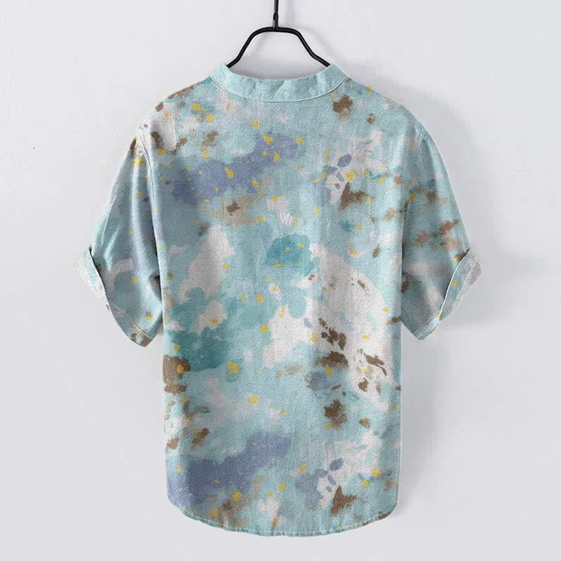 Buddha Stones Camisa de manga corta con medio botón y estampado de acuarela de algodón para hombre - image 1