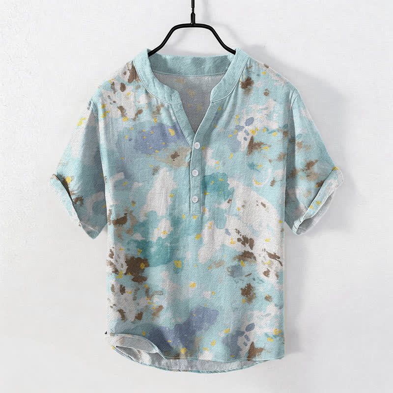 Buddha Stones Camisa de manga corta con medio botón y estampado de acuarela de algodón para hombre - Turquesa pálido - US/UK/AU50, EU60 (5XL) - image 0