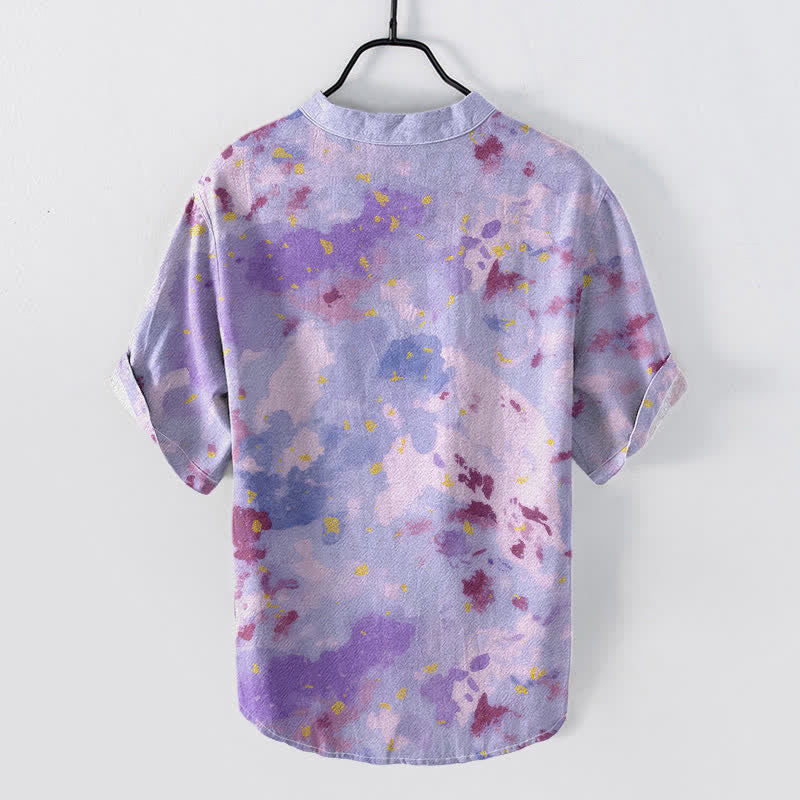Buddha Stones Camisa de manga corta con medio botón y estampado de acuarela de algodón para hombre - image 4
